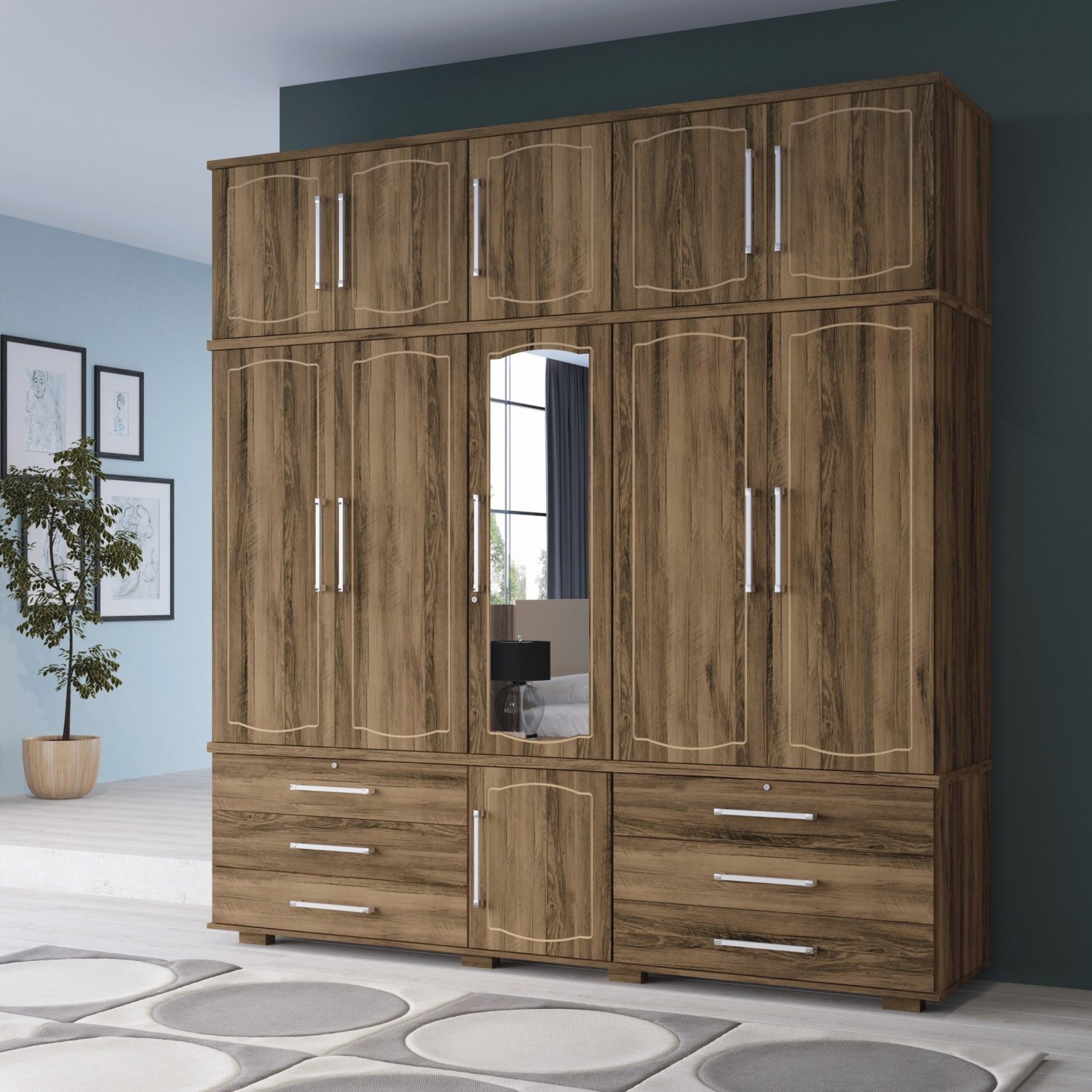 Guarda Roupa Casal com Espelho 11 Portas 6 Gavetas Londres Triplex