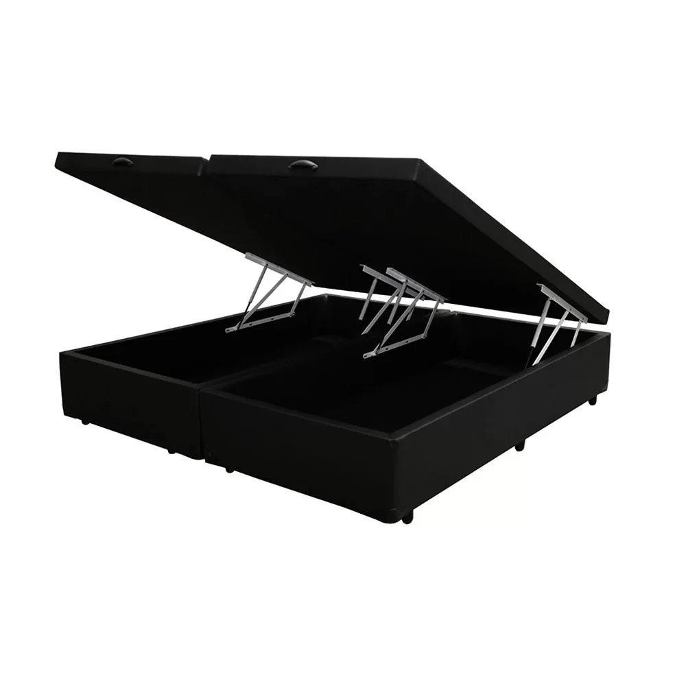 Cama Box Baú King Bipartido Blindado Suede Preto Com Pistão A Gás