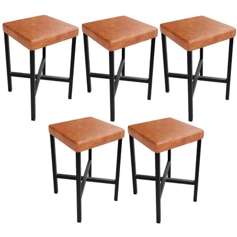 Kit 05 Banquetas Baixa Bar Cozinha Sala de Jantar Preto Stella L02 Couríssimo Camel - Lyam Decor