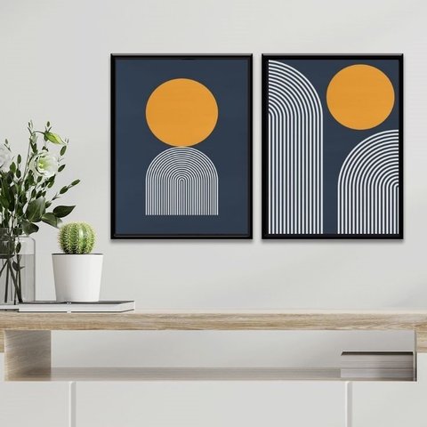 Kit 2 Quadros Minimalistas Abstratos Azul e Amarelo 33x24cm - com Vidro:madeira Preta