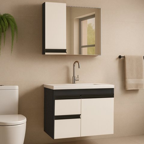 Gabinete para Banheiro com Armário, Gavetas e Cuba King 58cm Montado Fimap Grafite Branco