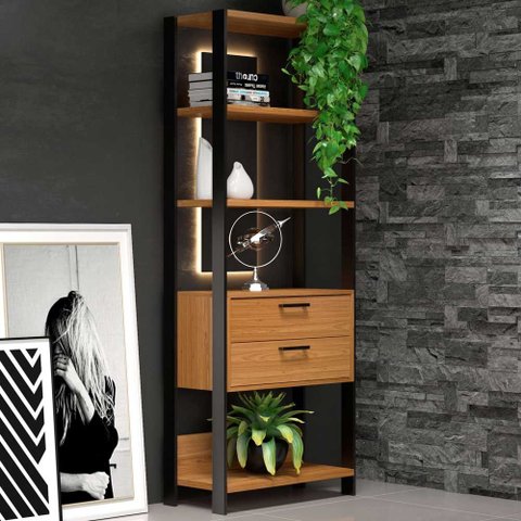 Estante para Livros Home Office 100% Mdf 2 Gavetas Freijó/preto - Panorama Móveis