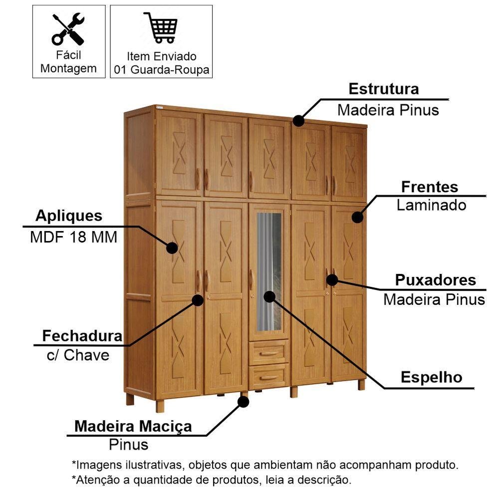 Guarda-roupa Casal 10 Portas e 2 Gavetas com Espelho em Madeira Dallas Carvalho - Straub Web - 3