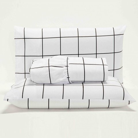Jogo Cama Lençol Square Casal Quadriculado 3 Peças Branco