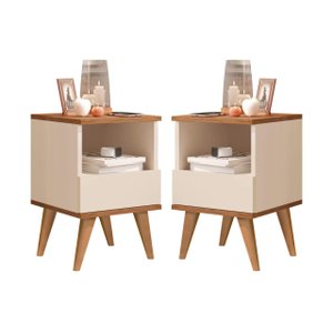 Kit 2 Mesas de Cabeceira Mendonça Pés Palito Off White / Nature - JM Casa dos Moveis