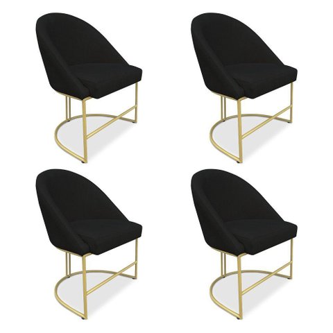 Kit 04 Cadeiras Poltrona de Jantar Bela Suede Preto Base Metálica Industrial Dourado - Pallazio