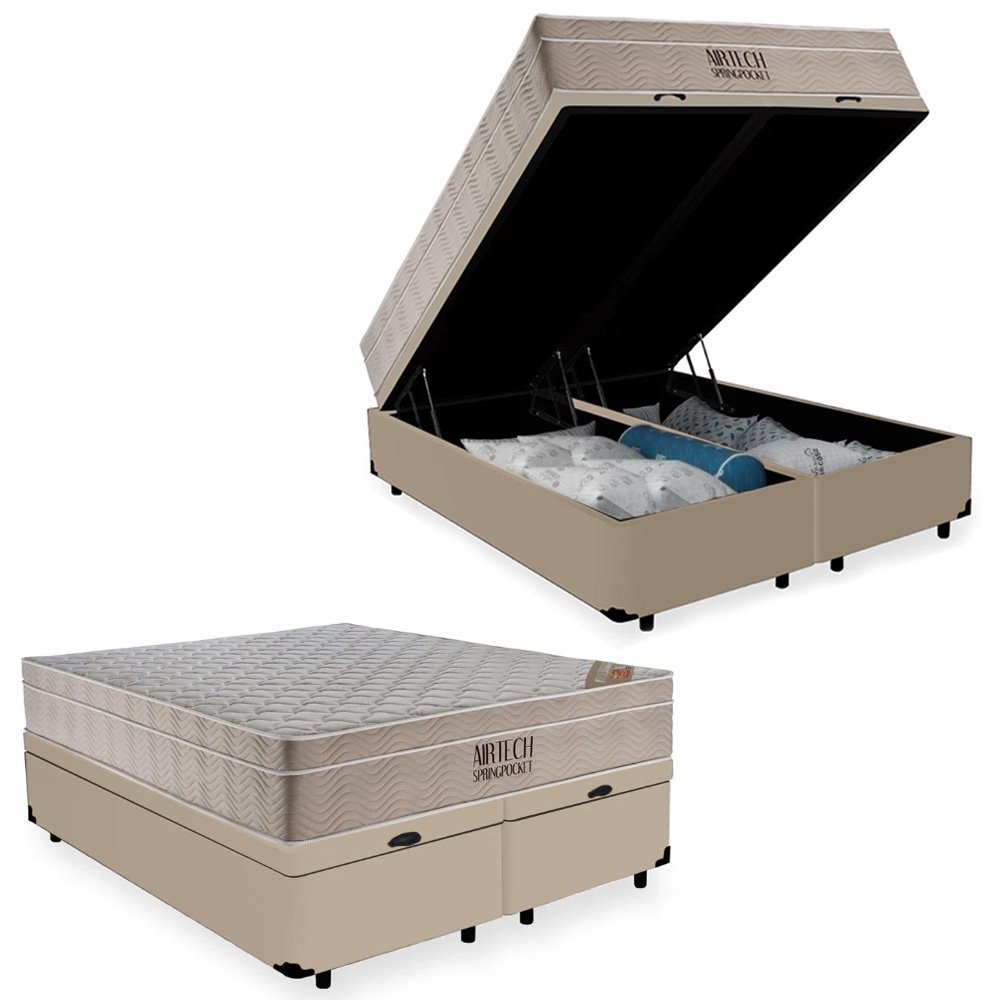 Cama Box Baú Queen Suede Bipartido + Colchão Ortobom Airtech Molas Ensacadas 158x198x65:bege - 1