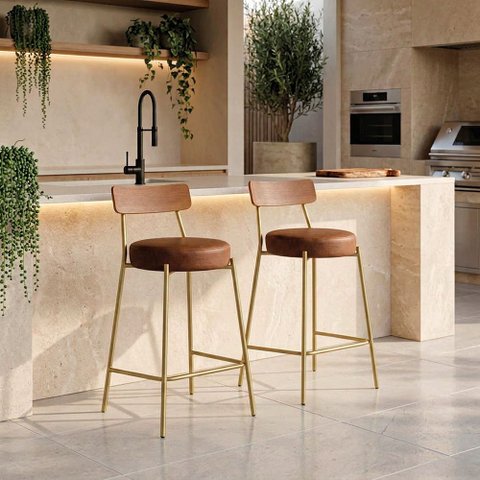 Banqueta Cozinha Alta Encosto Castanho KIT2 Industrial Dourado Londrina PU D03 - D'Rossi