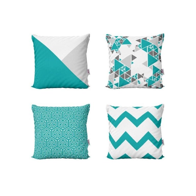 Kit 4 Capas de Almofadas Azul Turquesa Decorativas e Geometricas Para Sofá 40x40 - Novadecora