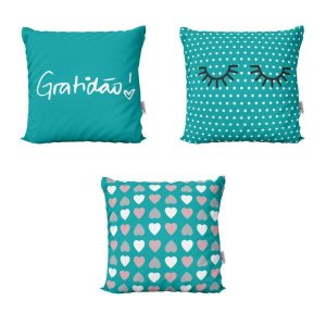 Kit 3 Capas para Almofadas Azul Turquesa Geometricas e Decorativas Gratidão 40x40 - Novadecora