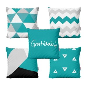 Kit 5 Capas de Almofadas Azul Turquesa Gratidão Decorativas Para Sofá - Novadecora