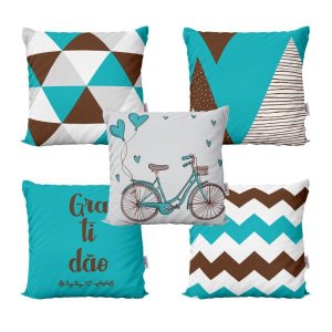 Capas de Almofadas Decorativas Azul Turquesa e Marrom Bike Gratidão Para Sofá 40x40 - Novadecora