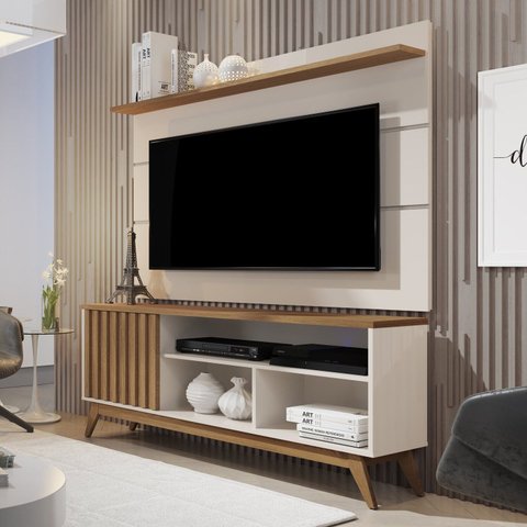Rack com Painel para Tv 60 Polegadas Pés Madeira Maciça Ripado Off White/Freijó Retrô Malbec