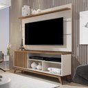 Ver imagem 1 de Rack com Painel Ripado Retrô para TV até 60 Polegadas MDF 136CMX133CM Pés em Madeira Maciça Off White Freijó Malbec