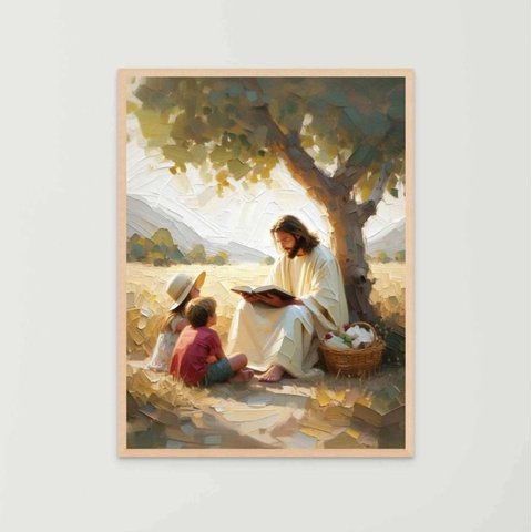 Quadro Decorativo Jesus Cristo e As Crianças Rezando Orando Ensinando Quarto Infantil