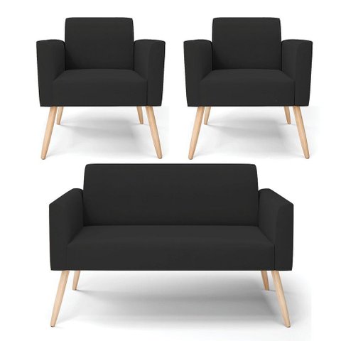 Sofá Namoradeira com 2 Poltronas Pés Palito Natural Marisa Veludo Preto D03 - D'Rossi