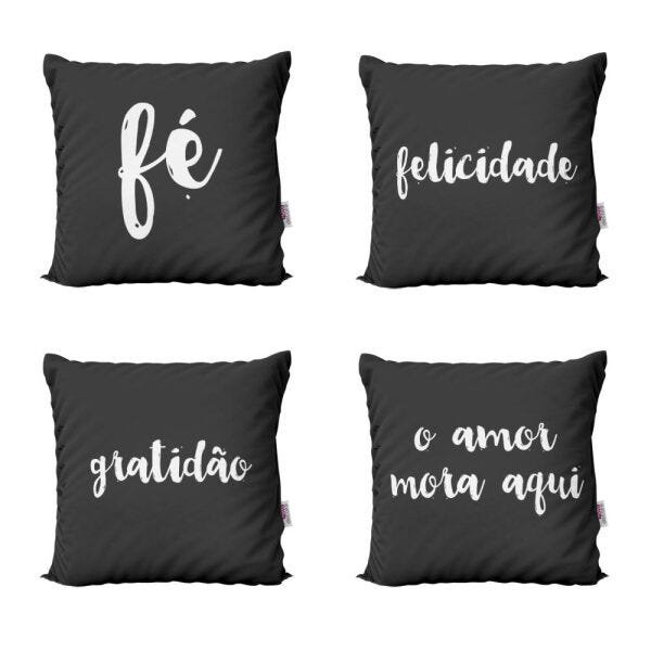 Kit 4 Capas de Almofadas Preta Decorativas Com Frases Fé, Felicidade, Gratidão 40x40 - Novadecora