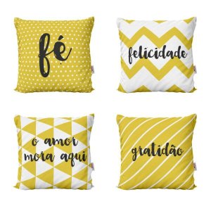 Capas de Almofadas Amarelas Decorativas Com Frases Fé, Felicidade, Gratidão 40x40 - Novadecora