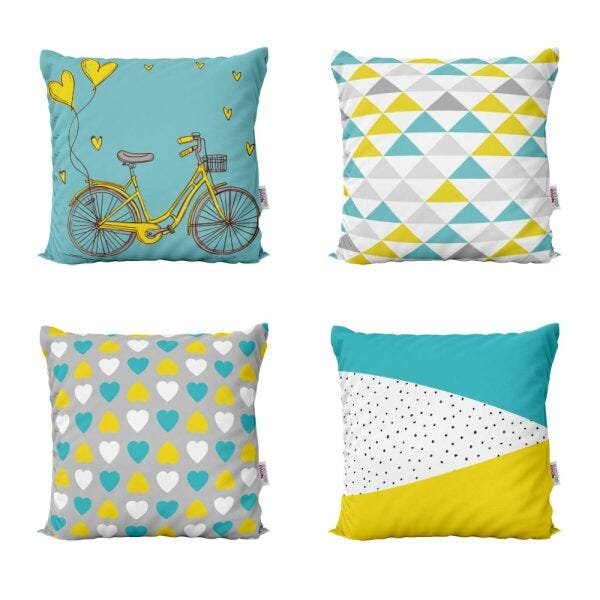 Capas Para Almofadas Amarelas e Azul Decorativas e Geometricas Bike Para Sofá 40x40 - Novadecora