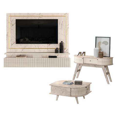 Estante Home Theater Suspenso Gaia com Aparador Estoril e Mesa de Centro Indianápolis Calacata Off W