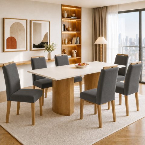 Conjunto Sala de Jantar 6 Lugares Isla Lyra 160x80cm MDF Cinamomo Off White