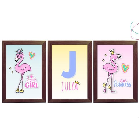 Kit com 3 Quadros Decorativos Infantil Flamingo Moderno:tabaco