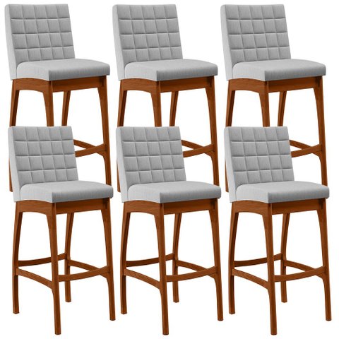 Kit 06 Banquetas Altas Para Cozinha Sala de Jantar Fixa Mila B04 Linho Cinza - Lyam Decor