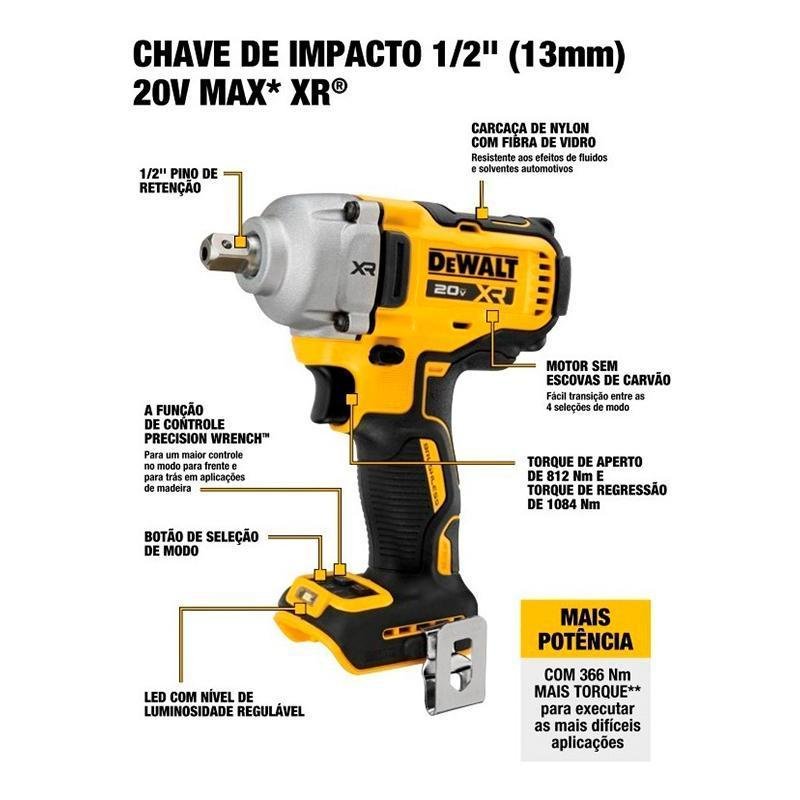 Chave de Impacto Dewalt Dcf892b-b3 1/2 4 Veloc. Led 812 N.m - 2