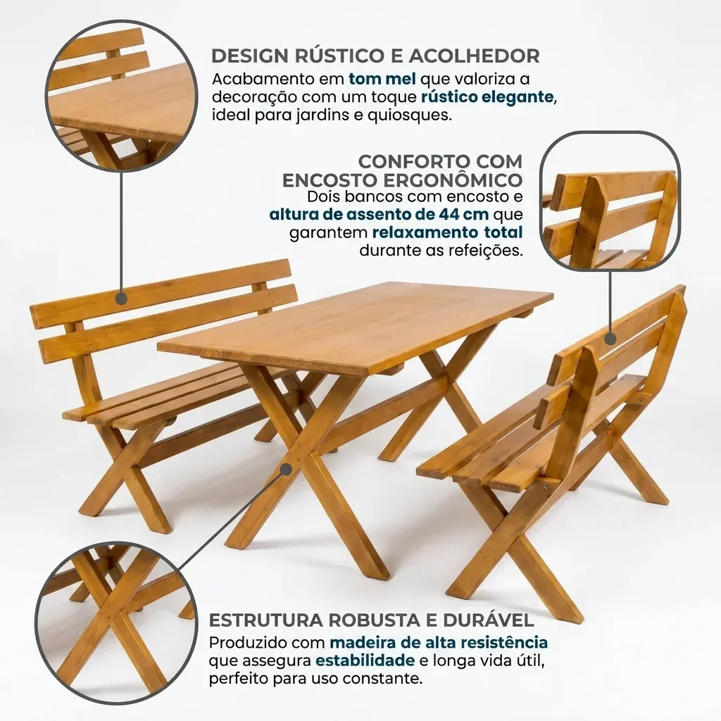 Ver imagem 4 de Mesa para Área Externa com 2 Bancos Madeira Maciça 200cm Kit Churrasco Yescasa Mel