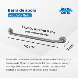 Barra alça de apoio para idoso Reta 90 cm em aço inox - Barracerta - 5