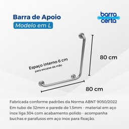Barra de apoio em L para box 80x80 cm de aço inox - Barracerta - 5