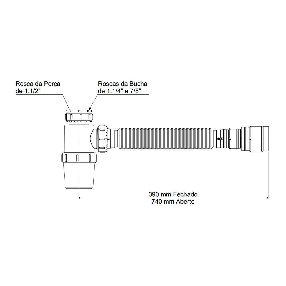 Sifão Sanfonado Extensível Censi com Copo Horizontal 74cm Branco Branco 7167-04010 - 2