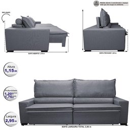 Sofá Retrátil e Reclinável 2,95m Império com Molas Cama inBox Linho Cinza Escuro - 3 Sofá Retrátil e Reclinável 2,95m Império com Molas Cama inBox Linho Cinza Escuro - 3