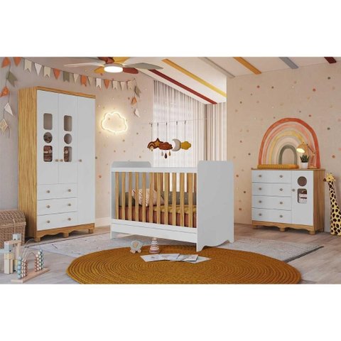 Quarto Infantil Completo 3 Peças (1guardaroupa+1berço+1cômoda) Qi124 Branco/amendoa - Peroba