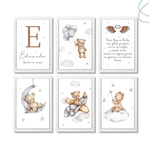 Kit 6 Quadros Decoração Quarto Infantil Ursinho Aquarela:branca