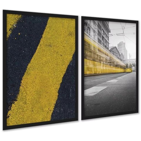 Kit 2 Quadros Decorativos Urbanos Amarelo Preto 33x24cm:moldura Preta