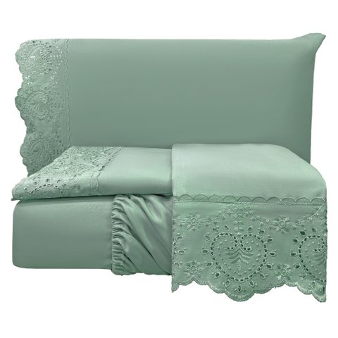 Jogo Cama Lençol Detail Casal Padrão Bordado Guipir Bordado Inglês Percal 300 Fios 4 Peças - Verde M
