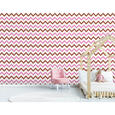 Papel de Parede Infantil - Chevron Rosa, Branco e Marrom Arte Destaque 3,50 Metros