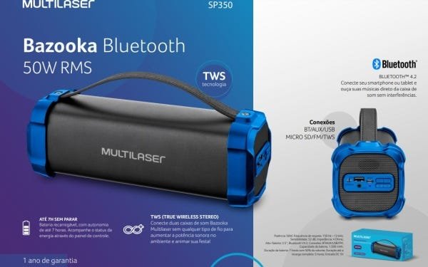 Caixa de Som 50W Bluetooth Bazooka Recarregável Tws sem Fio Aux USB Fm Sp350 - 6
