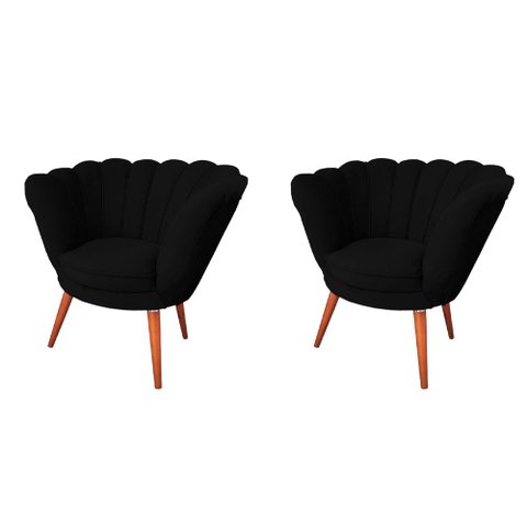 Kit 2 Poltronas Decorativas Pétala Flor Veludo Preto Pés Palito em Madeira