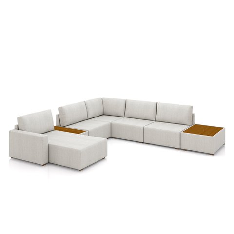 Sofá de Canto Decorativo Sala Estar 603cm Modulado Takashi com Chaise e Puffs Bouclê Off White - G45