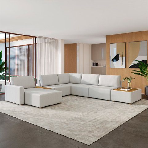 Sofá de Canto Decorativo Sala Estar 603cm Modulado Takashi com Chaise e Puffs Bouclê Off White - G45