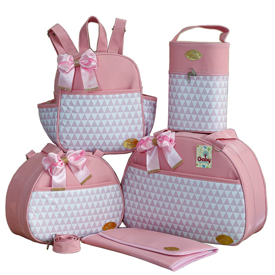 kit 4 peças bolsa bebê saída maternidade com porta mamadeira e trocador menina  cor rose