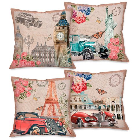 Kit com 4 Capas para Almofadas Decorativas Paris Retro