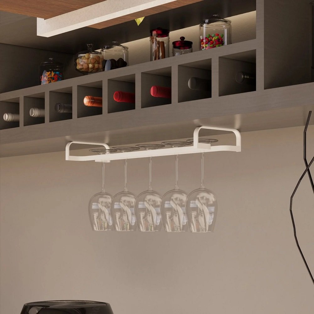 Porta Taças de Pendurar Taça Vinho Drinks 80cm Suporte Teto Gourmet em Aço Cozinha Adega Bar Branco