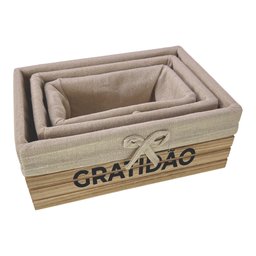Kit 3 Cestos Organizadores Multiuso Madeira Forrado Tecido Cesta Decorativa Porta Trecos Natural - 6