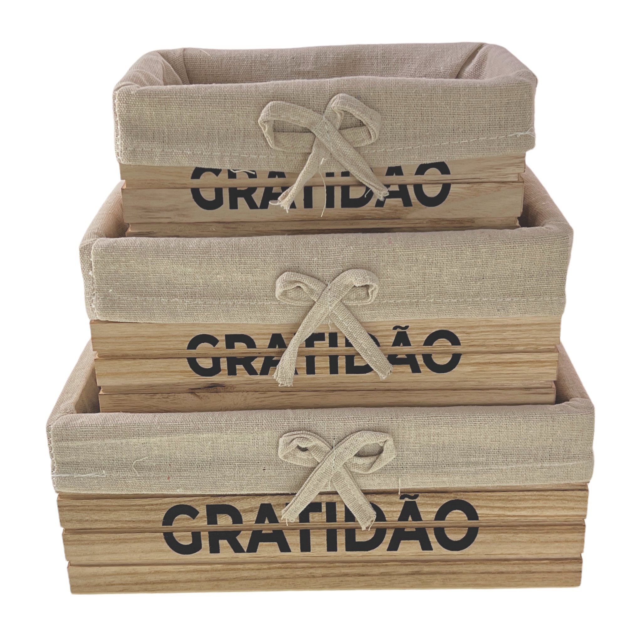 Kit 3 Cestos Organizadores Multiuso Madeira Forrado Tecido Cesta Decorativa Porta Trecos Natural - 1