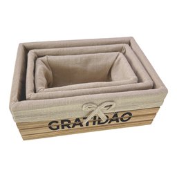 Kit 3 Cestos Organizadores Multiuso Madeira Forrado Tecido Cesta Decorativa Porta Trecos Natural - 5
