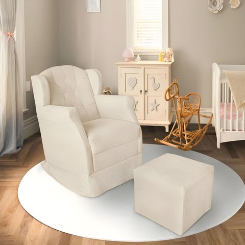 Poltrona Amamentação Cadeira Reforçada Balanço Puff Suede:bege