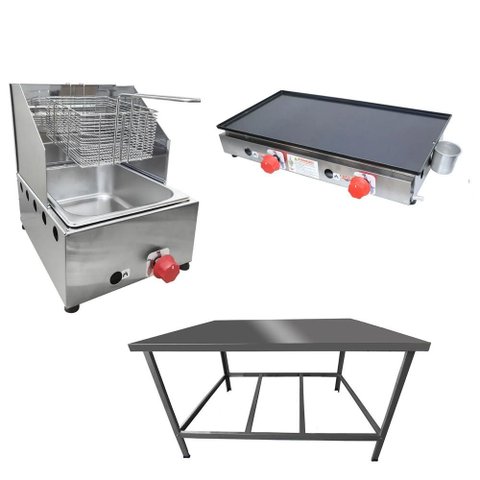Kit Lanchonete Mesa de Manipulação 100x55cm + Fritadeira a Gás 1 Cuba + Chapa a Gás 60cm